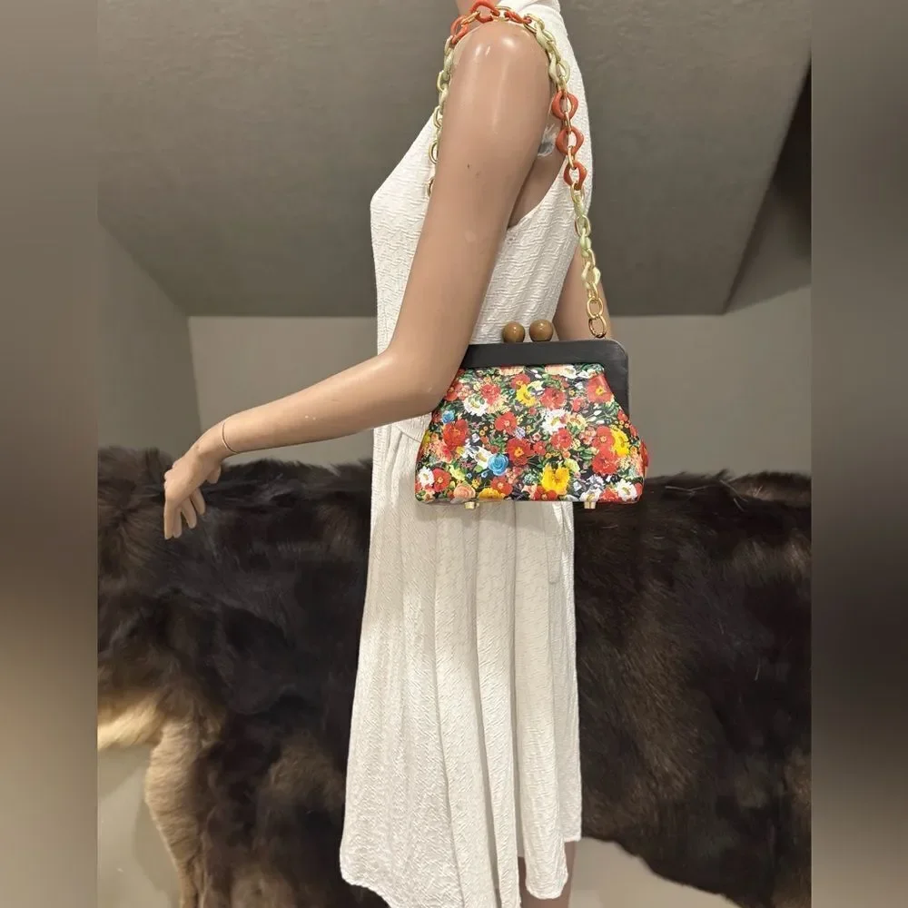 Floral Print Cowhide Leather Handmade Wooden Frame Clutch Bag/Crossbody